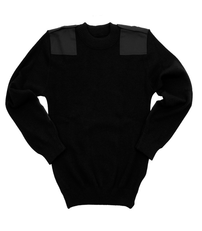 WOL COMMANDO ZWART 100 % WOL TRUI FIJN GEBREID MACHINE Schipperstrui Combat met schouderstukken grof gebreid Zwart